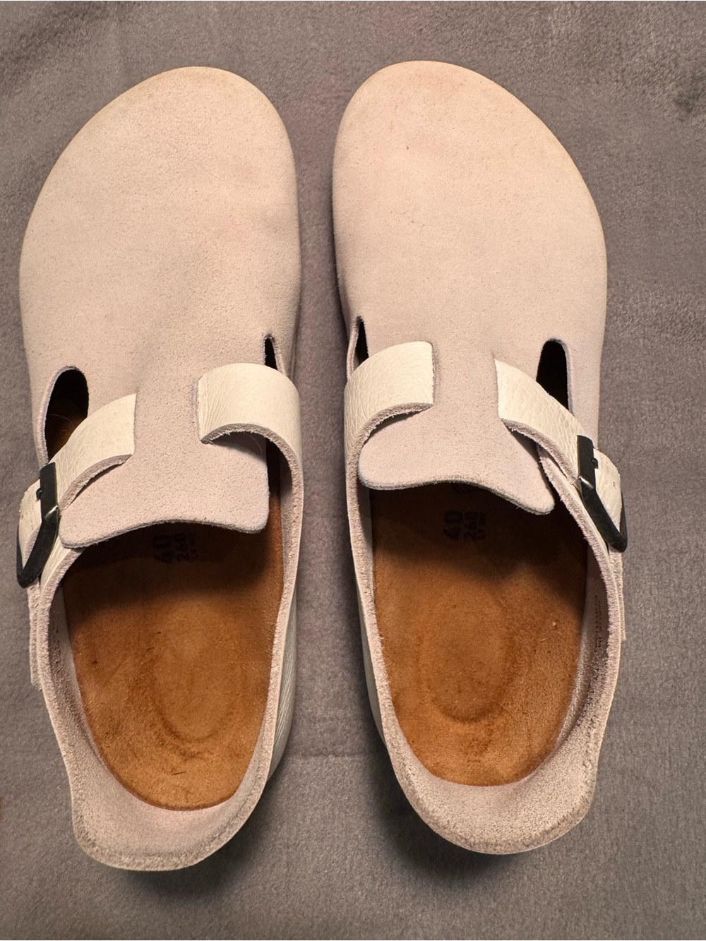 Birkenstock Women’s Suede and Leather London Slipon in Light Grey and White